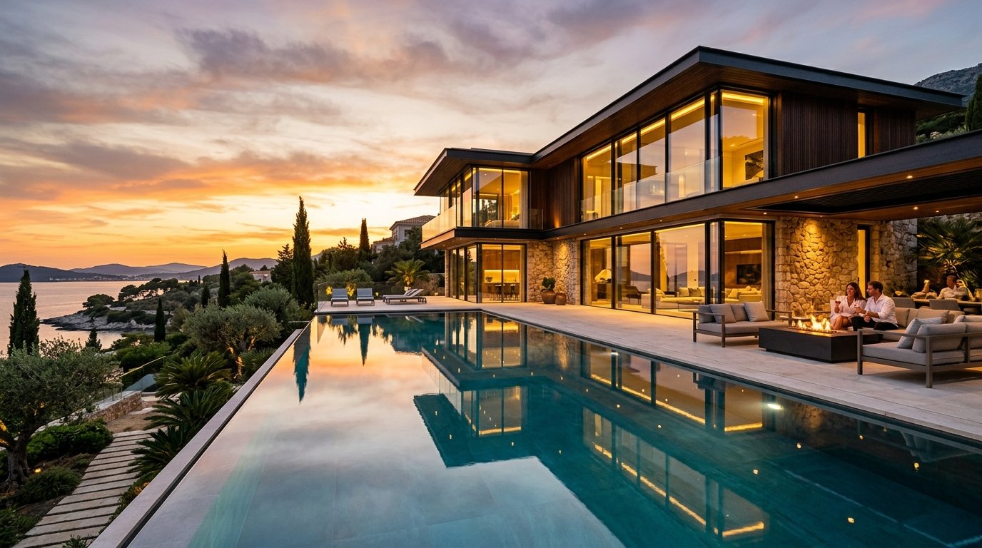 Modern architectural real estate exterior with swimming pool